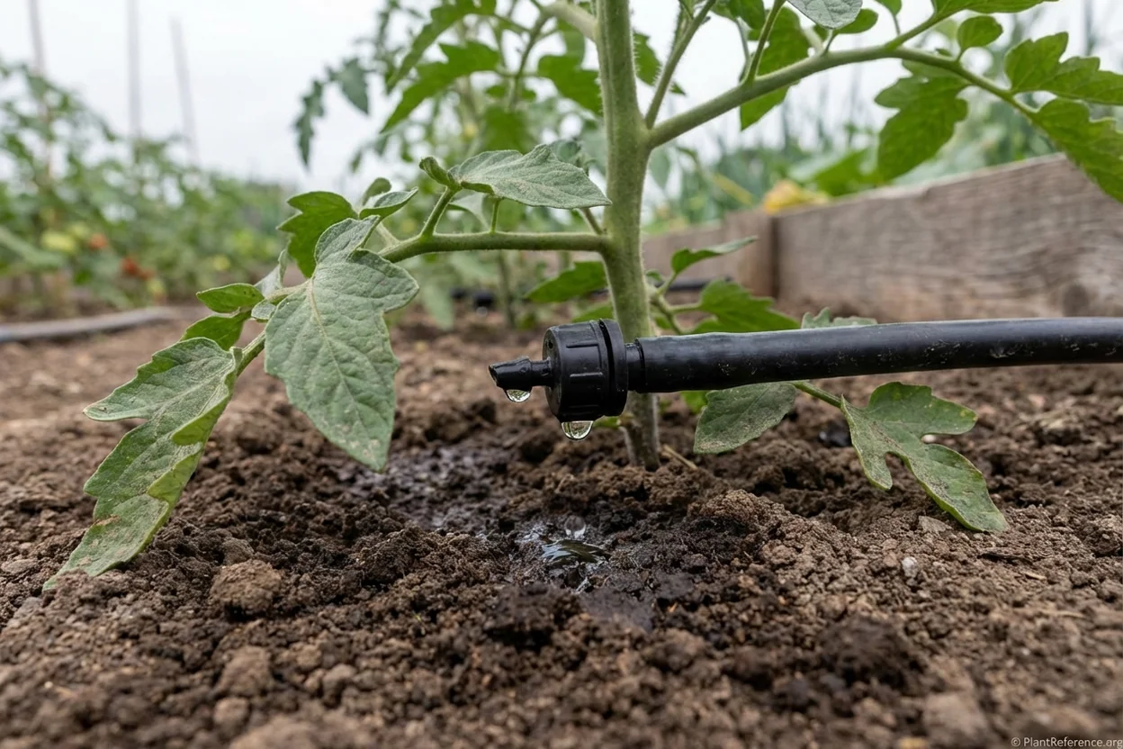 Drip irrigation emitter delivering precise water to raised bed soil around vegetable plant roots