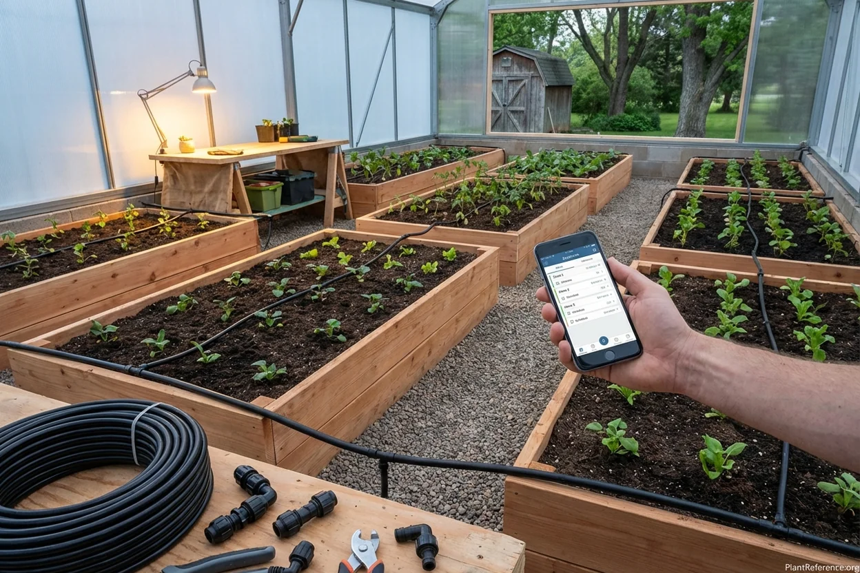 DripWorks drip irrigation system covering multiple raised garden beds with professional layout