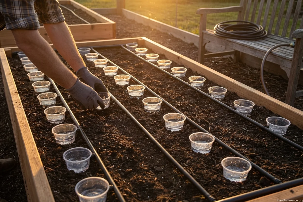Drip irrigation system water distribution testing using catch cups across raised garden bed