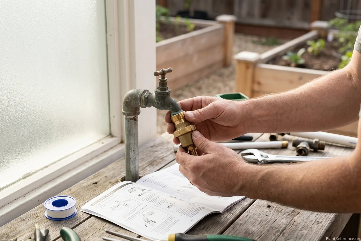 Installing drip irrigation pressure regulator connection to garden hose bib with instruction manual