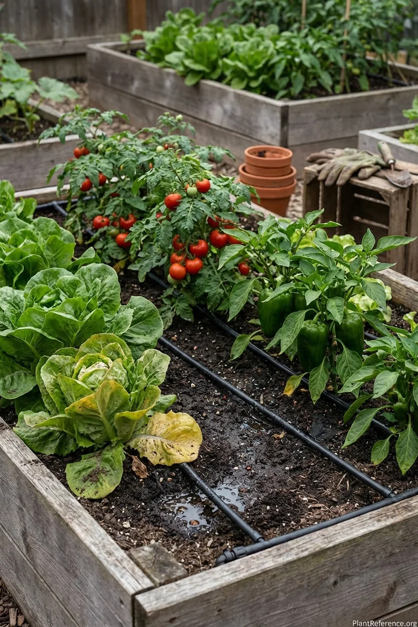 Thriving vegetable garden in raised beds with drip irrigation system showing healthy plant growth