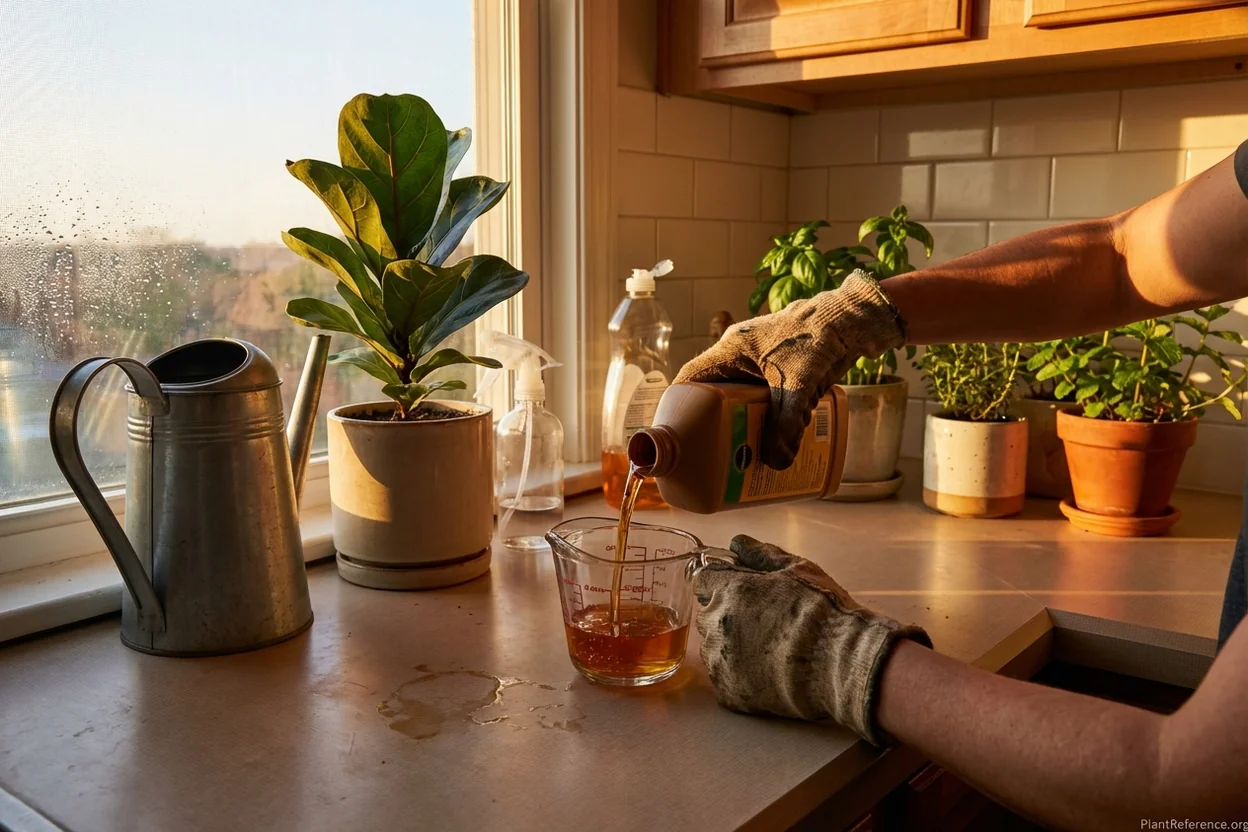 Proper fertilizer application technique for fiddle leaf fig showing dilution and watering method