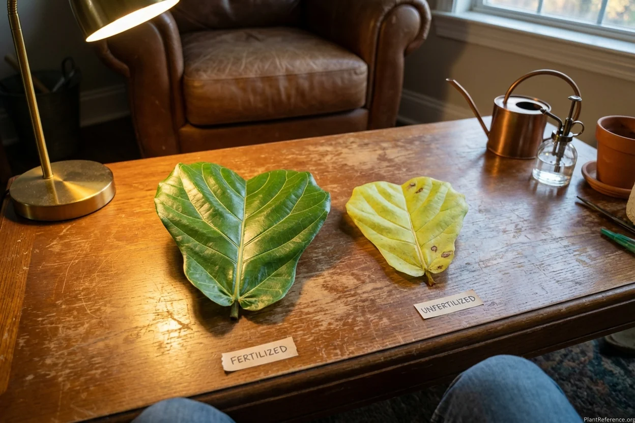 Side by side comparison of fertilized and unfertilized fiddle leaf fig leaves showing growth difference