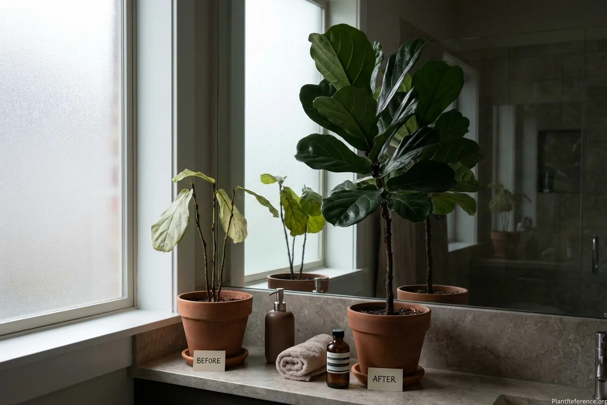 Dramatic fiddle leaf fig growth transformation showing before and after fertilizer application results