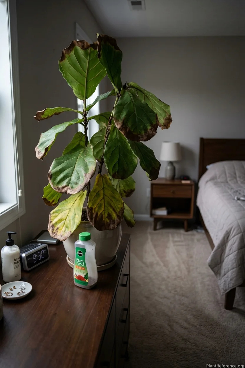 Fertilizer burn symptoms on fiddle leaf fig showing brown tips and yellowing from over-feeding
