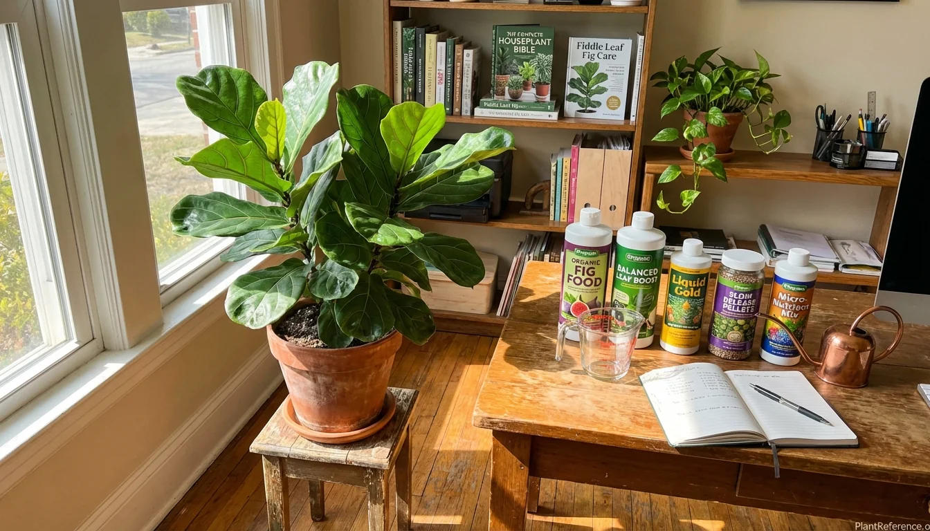 Best fiddle leaf fig fertilizers displayed next to healthy thriving plant with lush green foliage