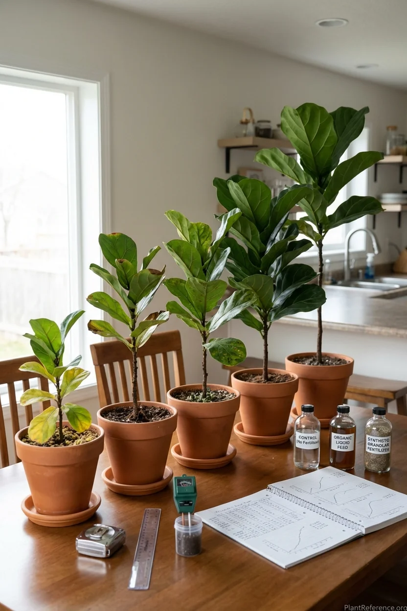 Scientific fertilizer testing methodology with multiple fiddle leaf figs and measurement equipment