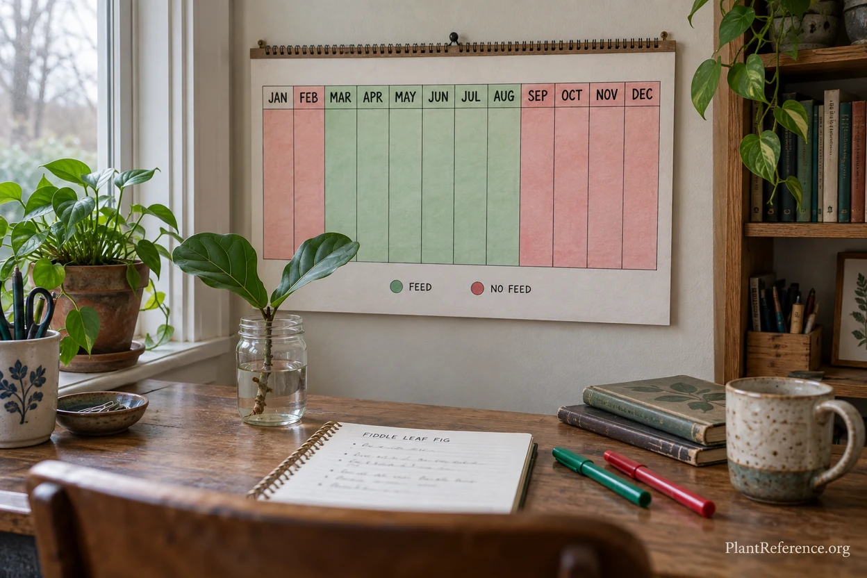 Annual fertilizer schedule calendar for fiddle leaf fig showing optimal feeding times by season