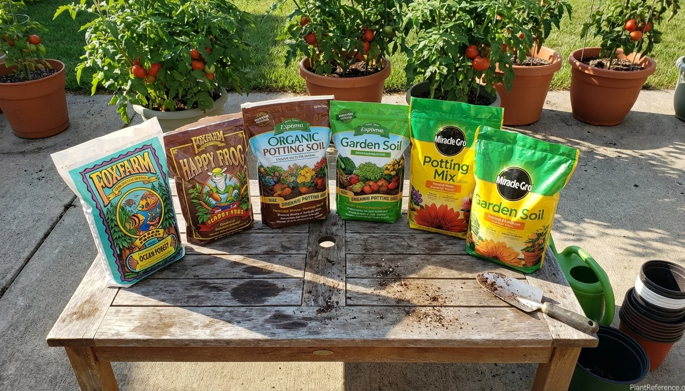 Best potting soil brands for container tomatoes displayed with healthy plants in background