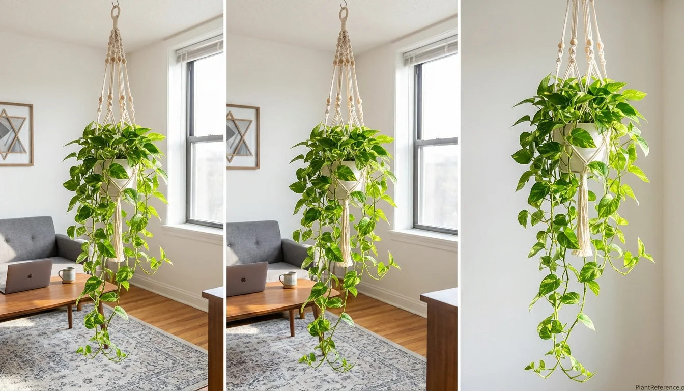 Golden pothos in macrame hanging planter with trailing vines in bright apartment window