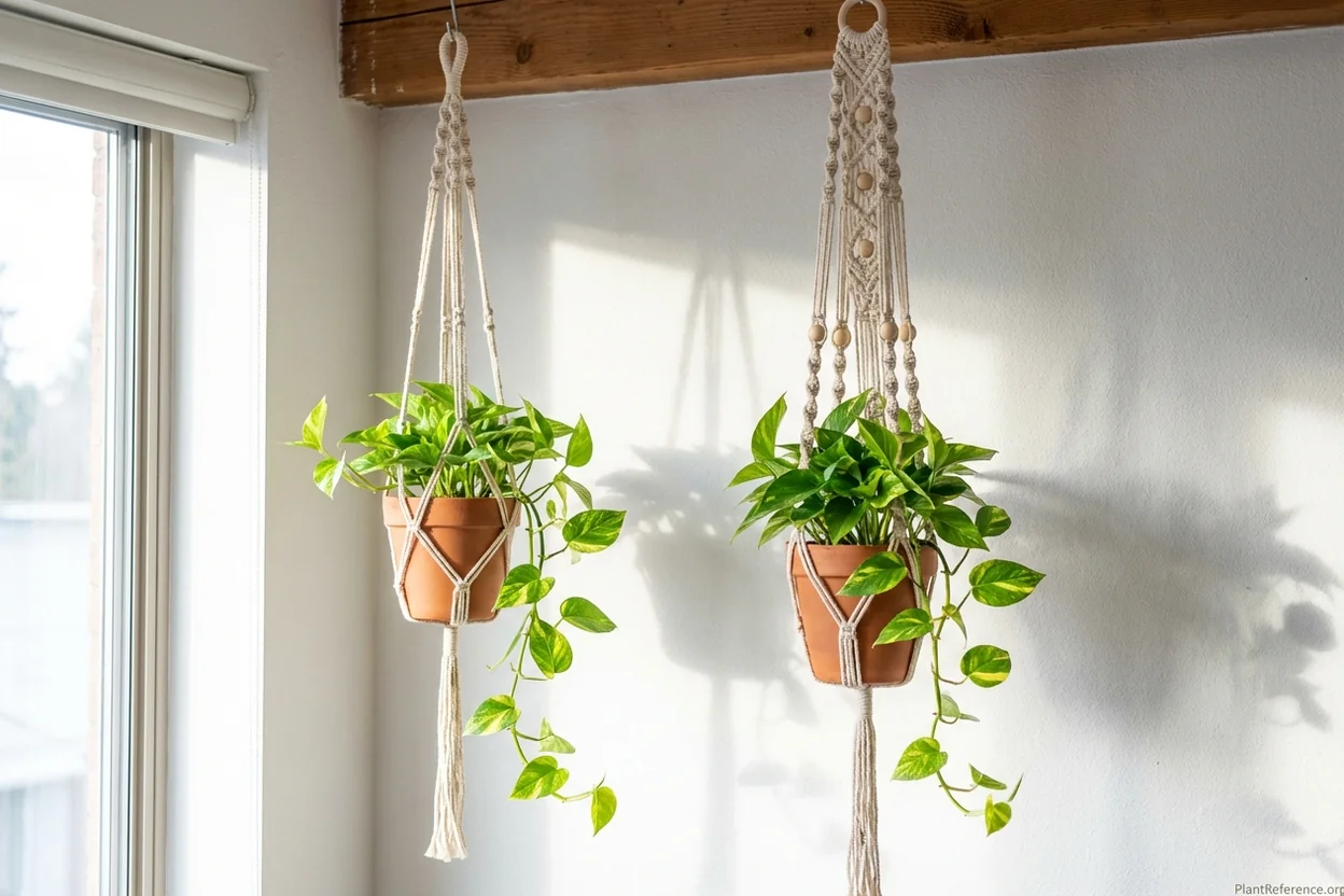 Side-by-side comparison of budget and premium macrame hanging planters with pothos plants