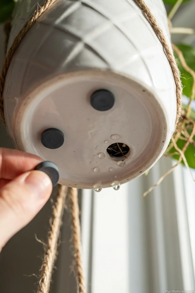 Close-up view of ceramic hanging planter drainage holes with removable rubber plugs