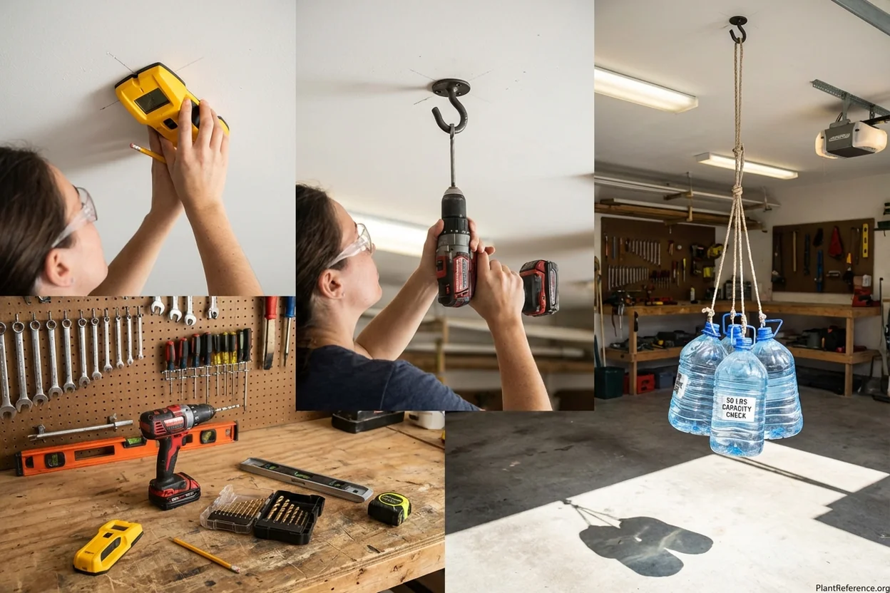 Step-by-step ceiling hook installation for hanging planters showing safety tools and weight testing