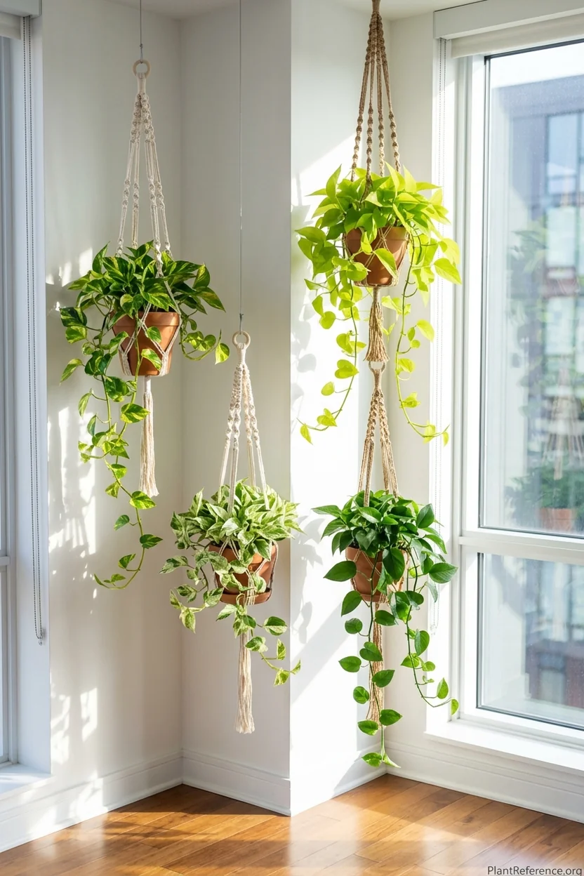 Staggered macrame hanging planters creating layered garden display with different pothos varieties