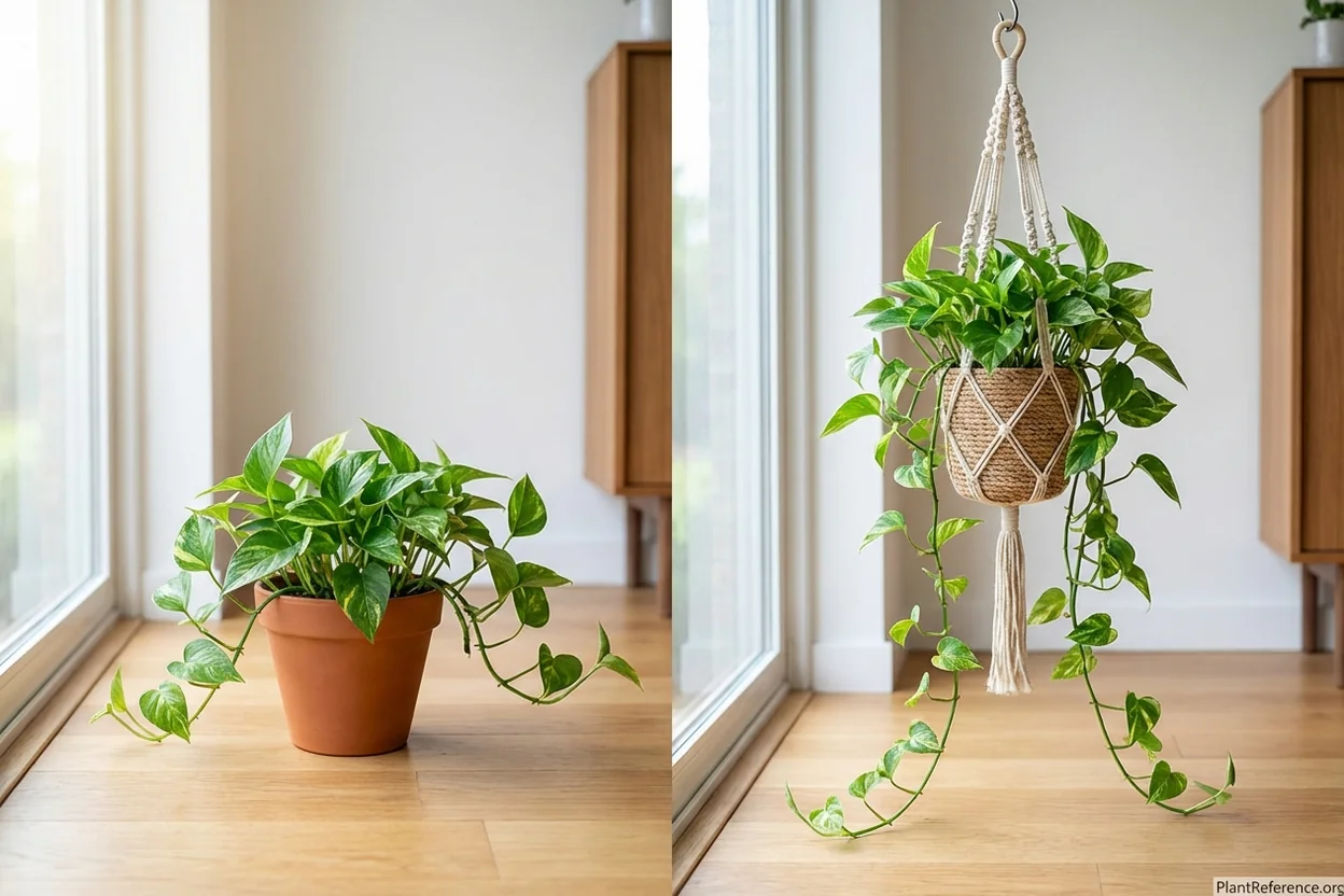 Side-by-side comparison of pothos growth in floor pot versus hanging planter showing improved vine development