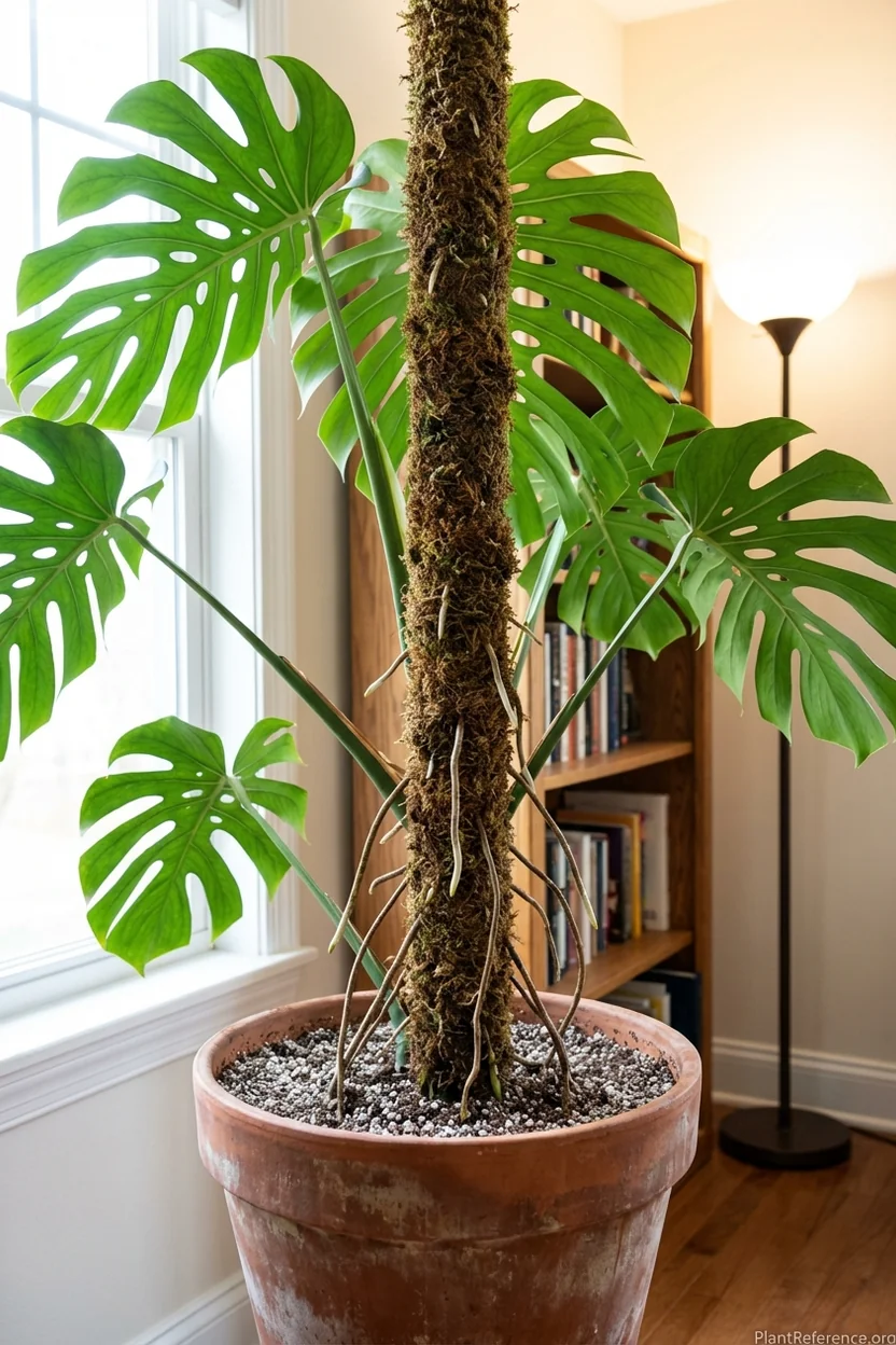 DUSPRO moss pole supporting large monstera deliciosa with multiple aerial roots attached