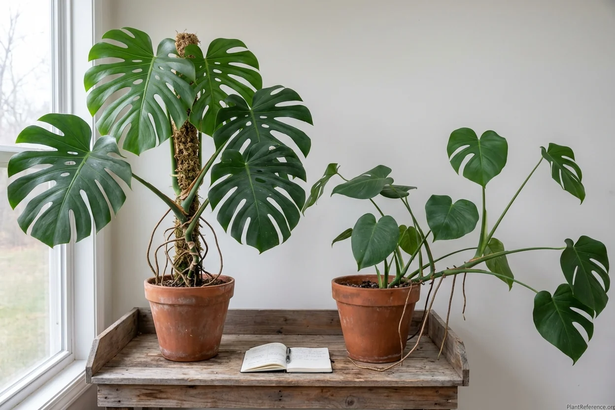 Monstera deliciosa growth comparison showing dramatic size difference with moss pole support