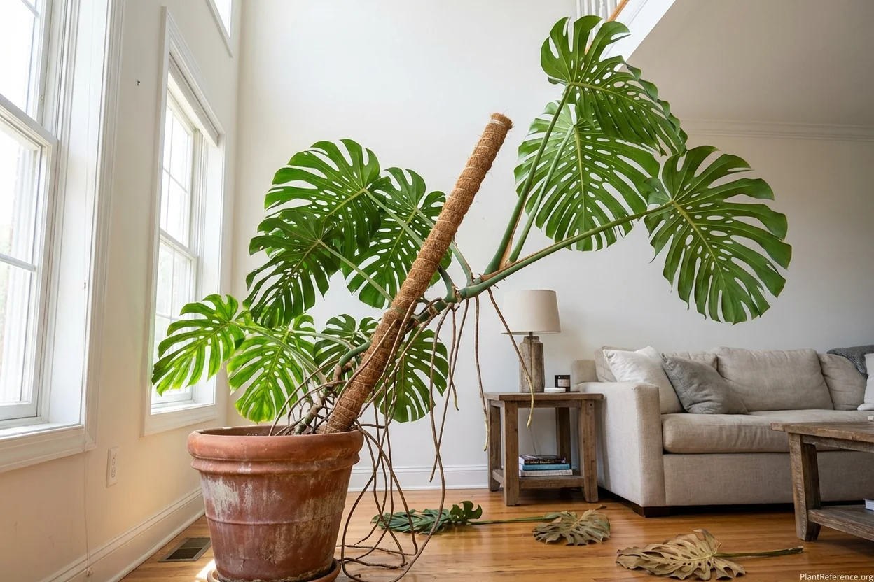 Mature monstera deliciosa extending far beyond moss pole top showing need for larger support