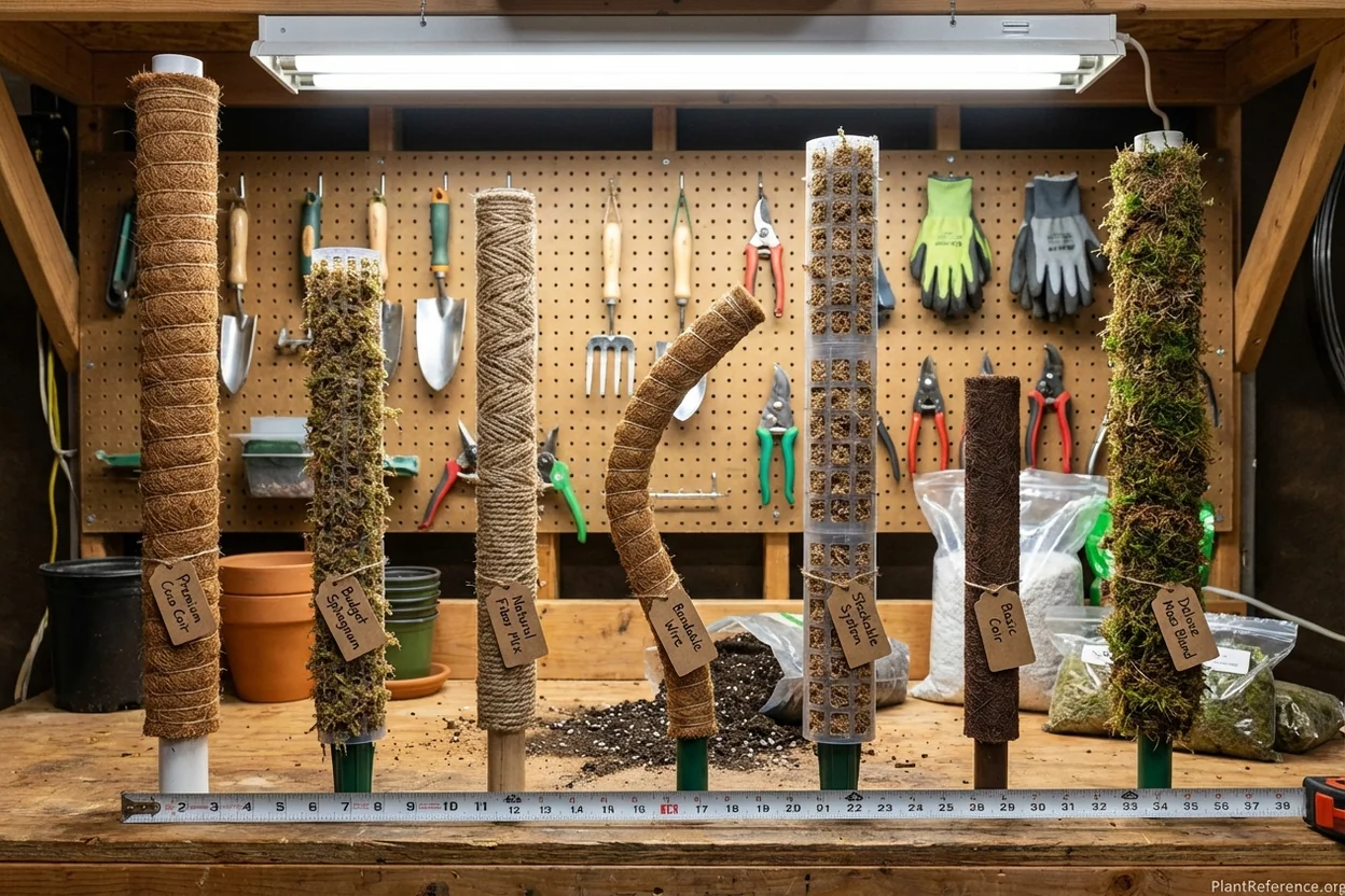 Seven different moss poles for monstera arranged showing size and material differences
