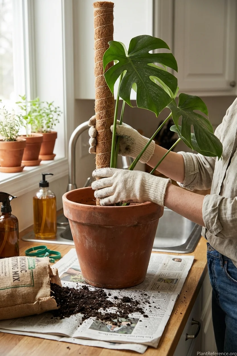 Hands demonstrating proper moss pole installation technique with monstera plant
