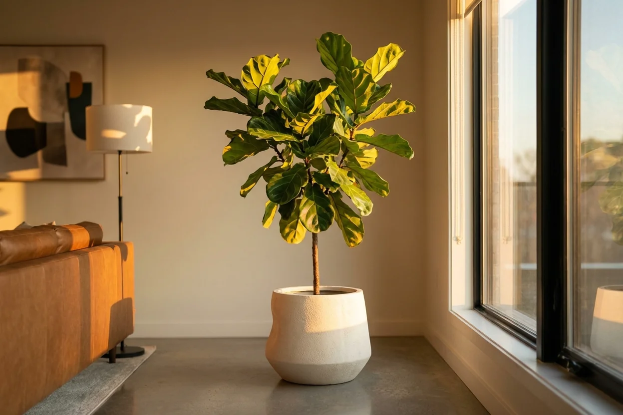 Article Encircle designer planter with fiddle leaf fig in contemporary living room setting