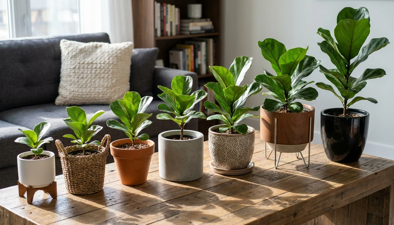 Best pots for fiddle leaf fig arranged showing ceramic, woven, and modern planters