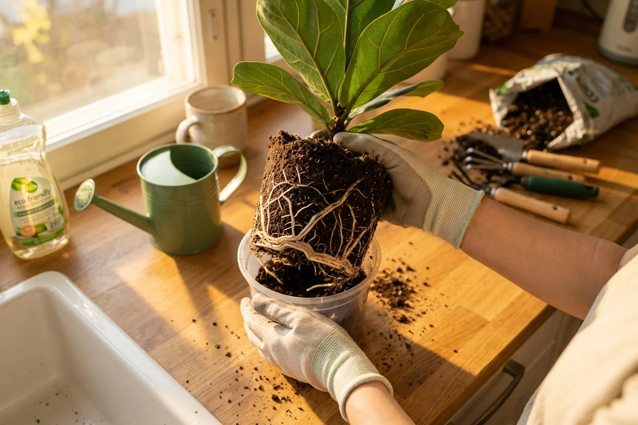 Healthy fiddle leaf fig roots in properly sized pot showing white root development