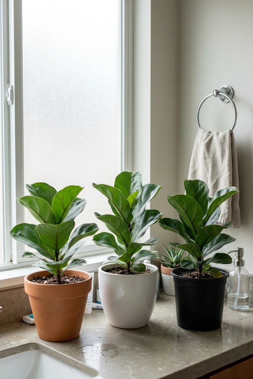 Fiddle leaf fig pot materials compared - terracotta, ceramic, and plastic planters side by side