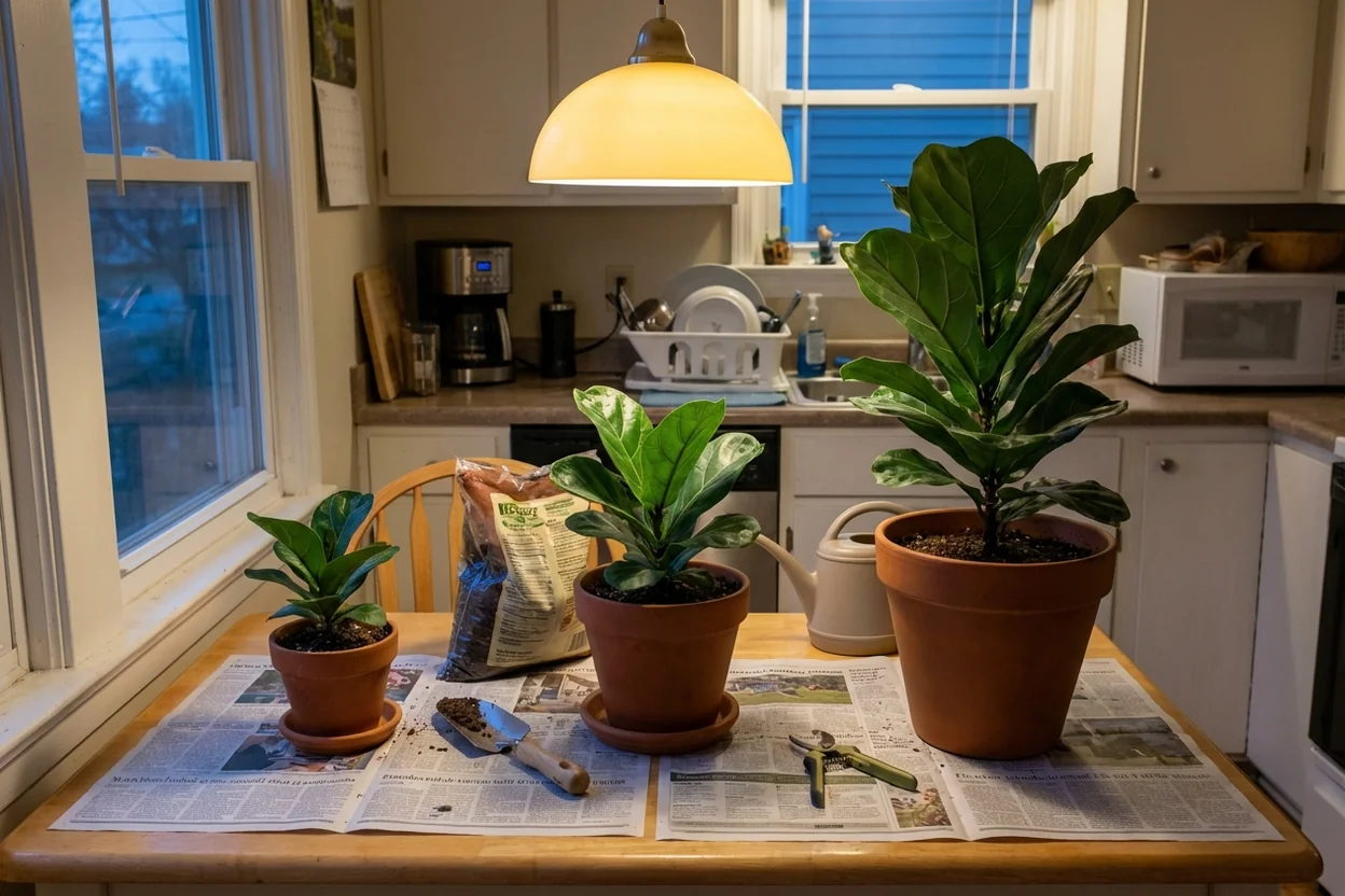 Pot sizing guide for fiddle leaf fig showing proper size progression from small to large plants