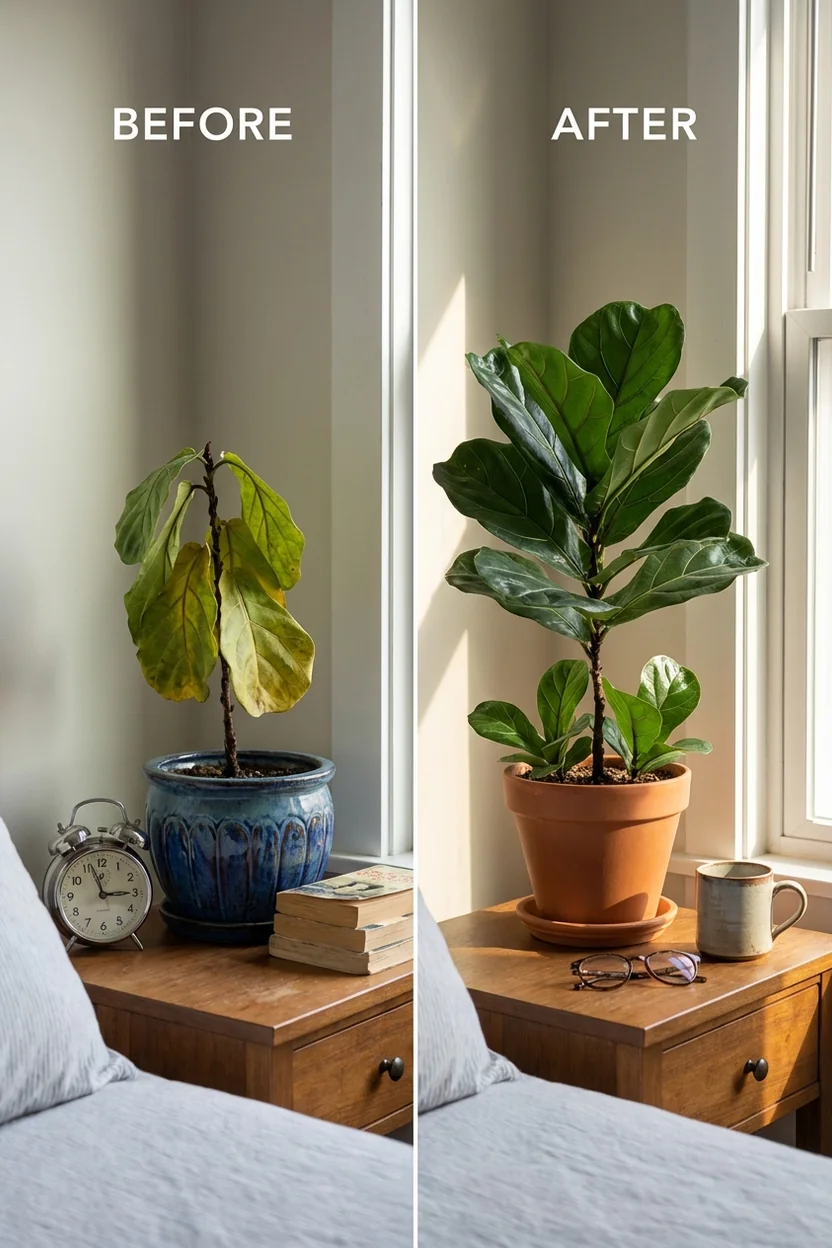 Before and after fiddle leaf fig recovery showing improvement after proper pot upgrade