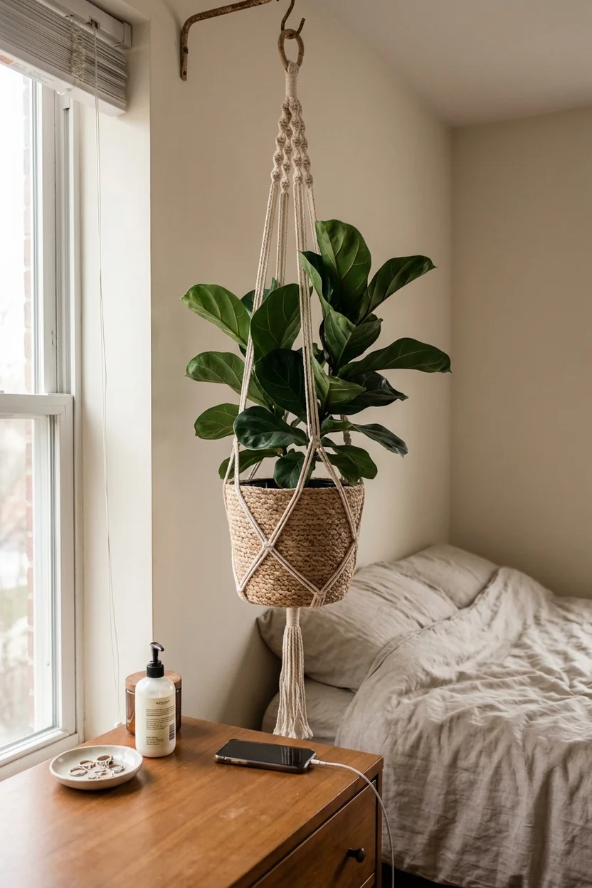 Fiddle leaf fig in macrame hanging planter saving floor space in small apartment corner