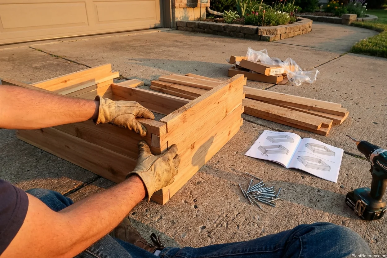 Easy assembly of cedar raised garden bed kit showing dovetail corner joints and pre-cut lumber