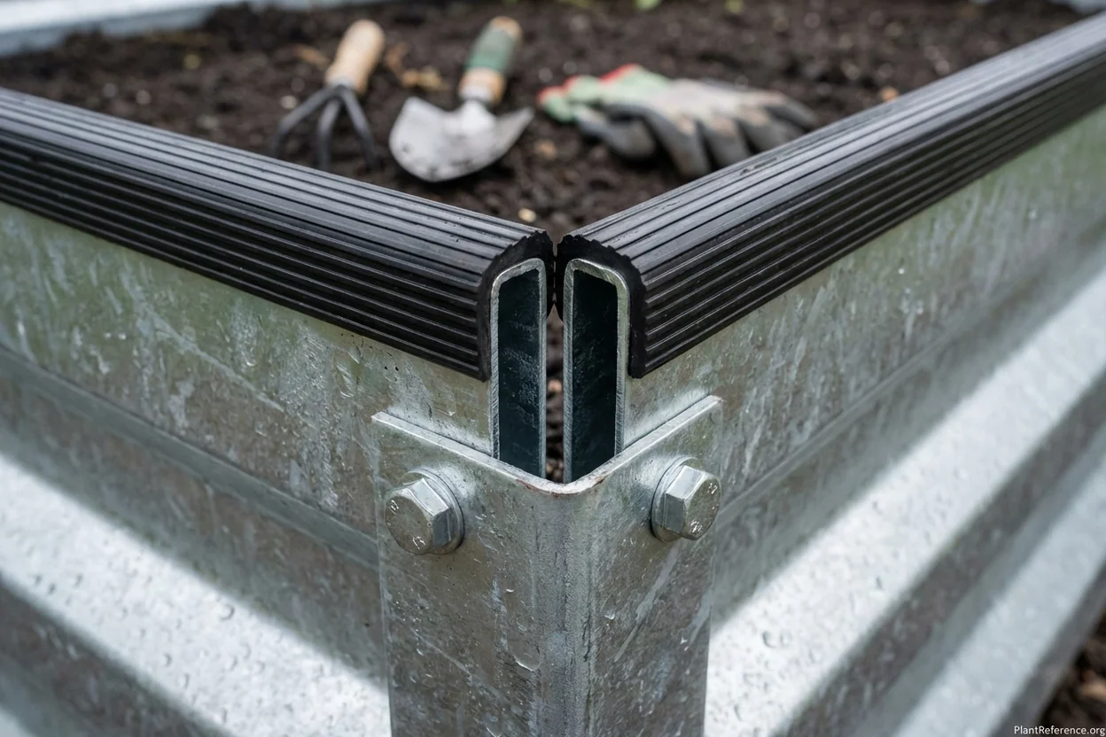 Galvanized metal raised garden bed corner detail showing corrosion protection and safety features