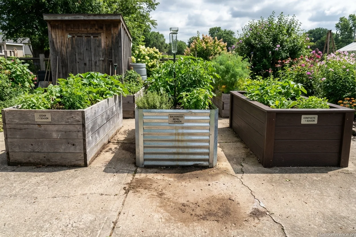 Cedar vs metal vs composite raised bed materials showing weathering after one growing season