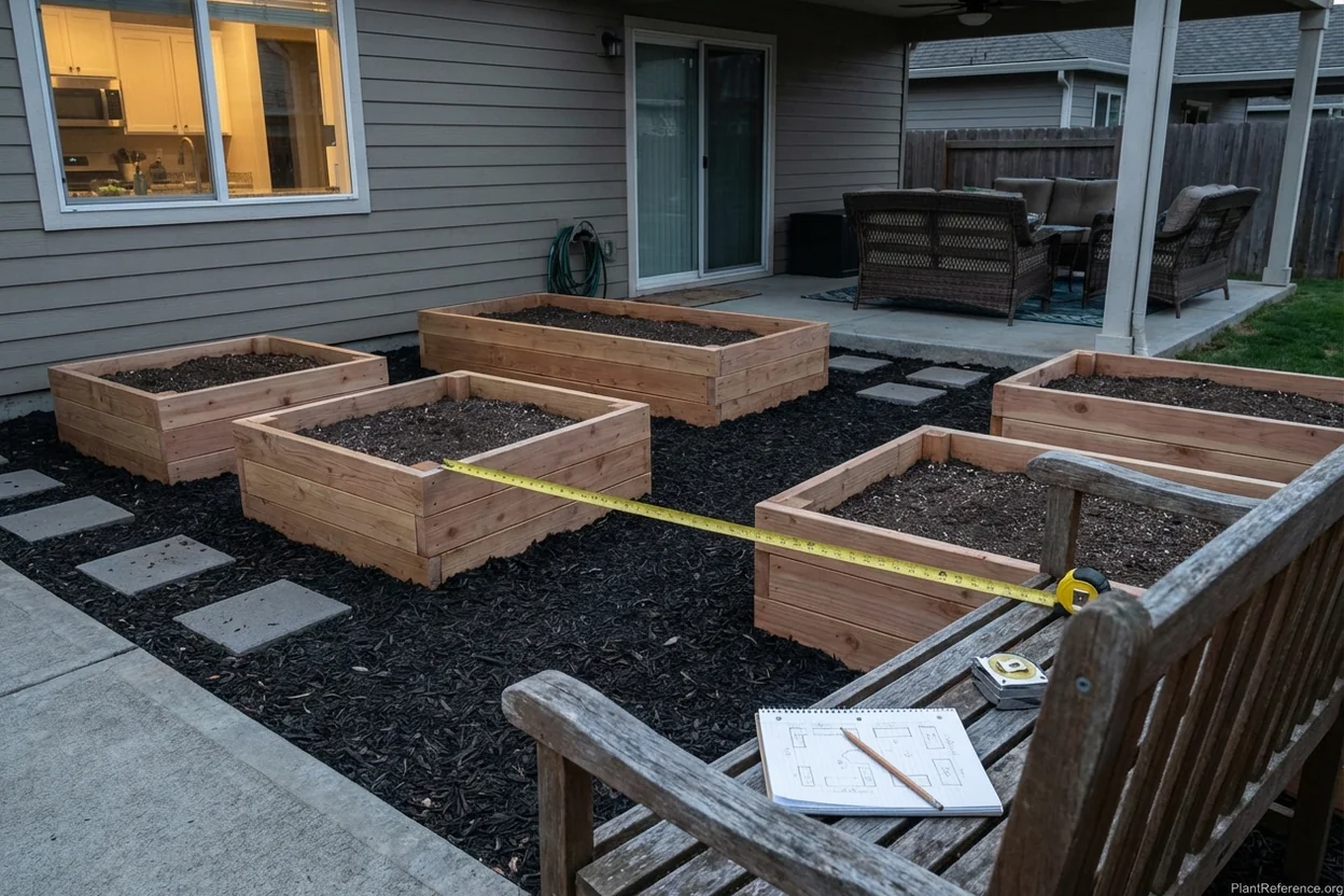 Different raised garden bed sizes and configurations showing optimal spacing and pathway design