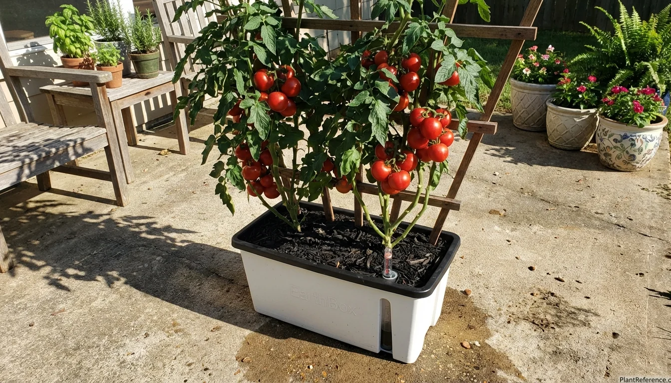 Best self-watering planter for tomatoes showing healthy plant with abundant red fruit harvest