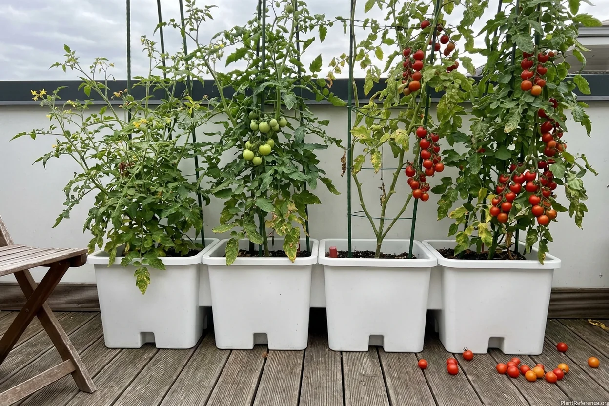 Quadgrow self-watering system with four cherry tomato plants at different growth stages