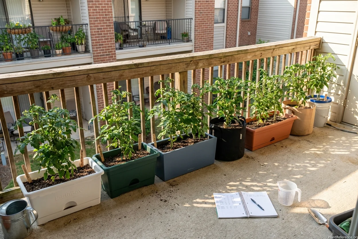 Seven self-watering tomato planters arranged for side-by-side testing on apartment balcony