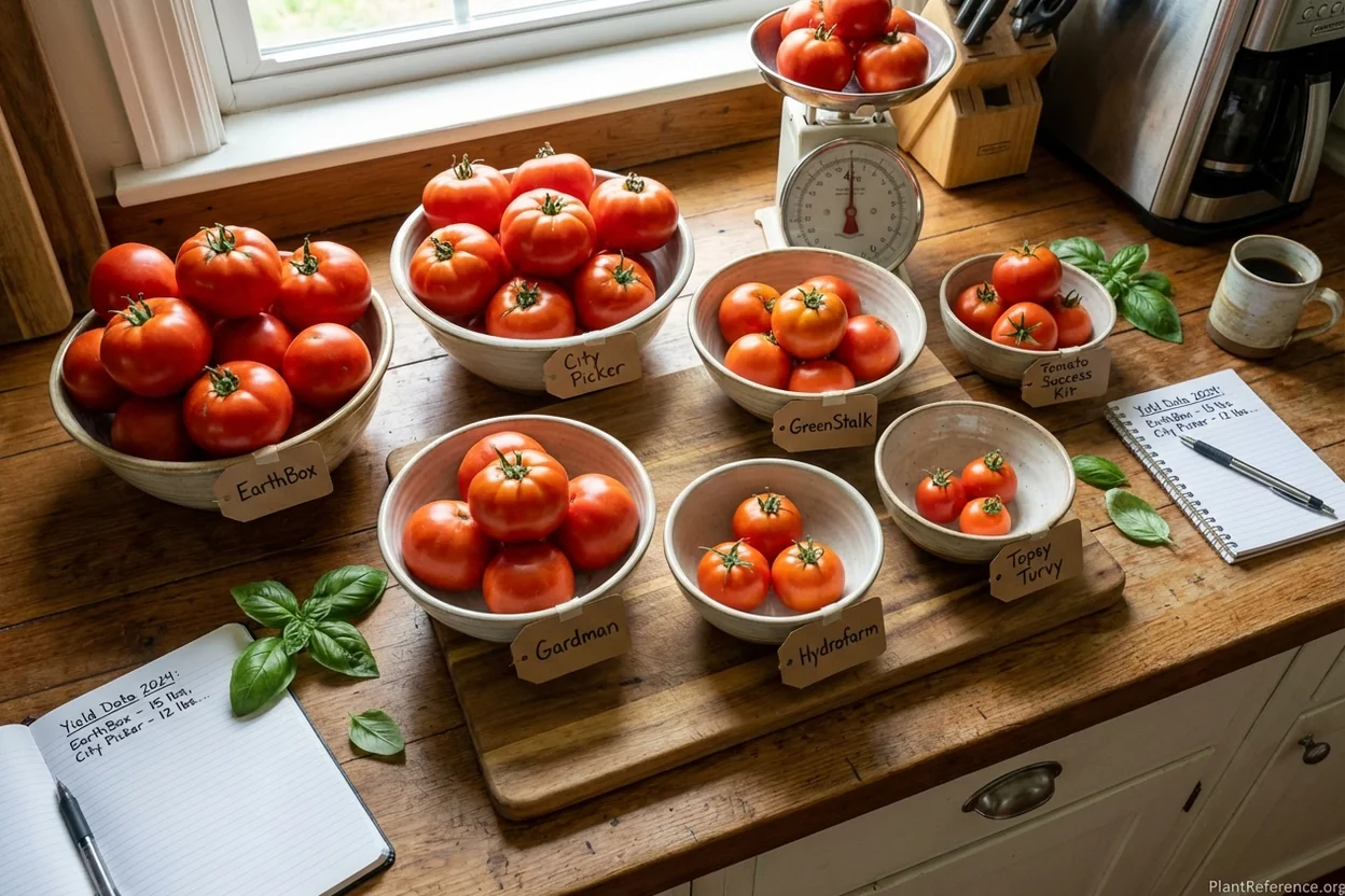 Harvested tomatoes from seven self-watering planters showing yield differences