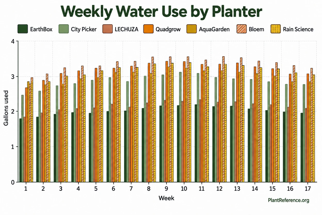 Water consumption chart comparing seven self-watering tomato planters over growing season