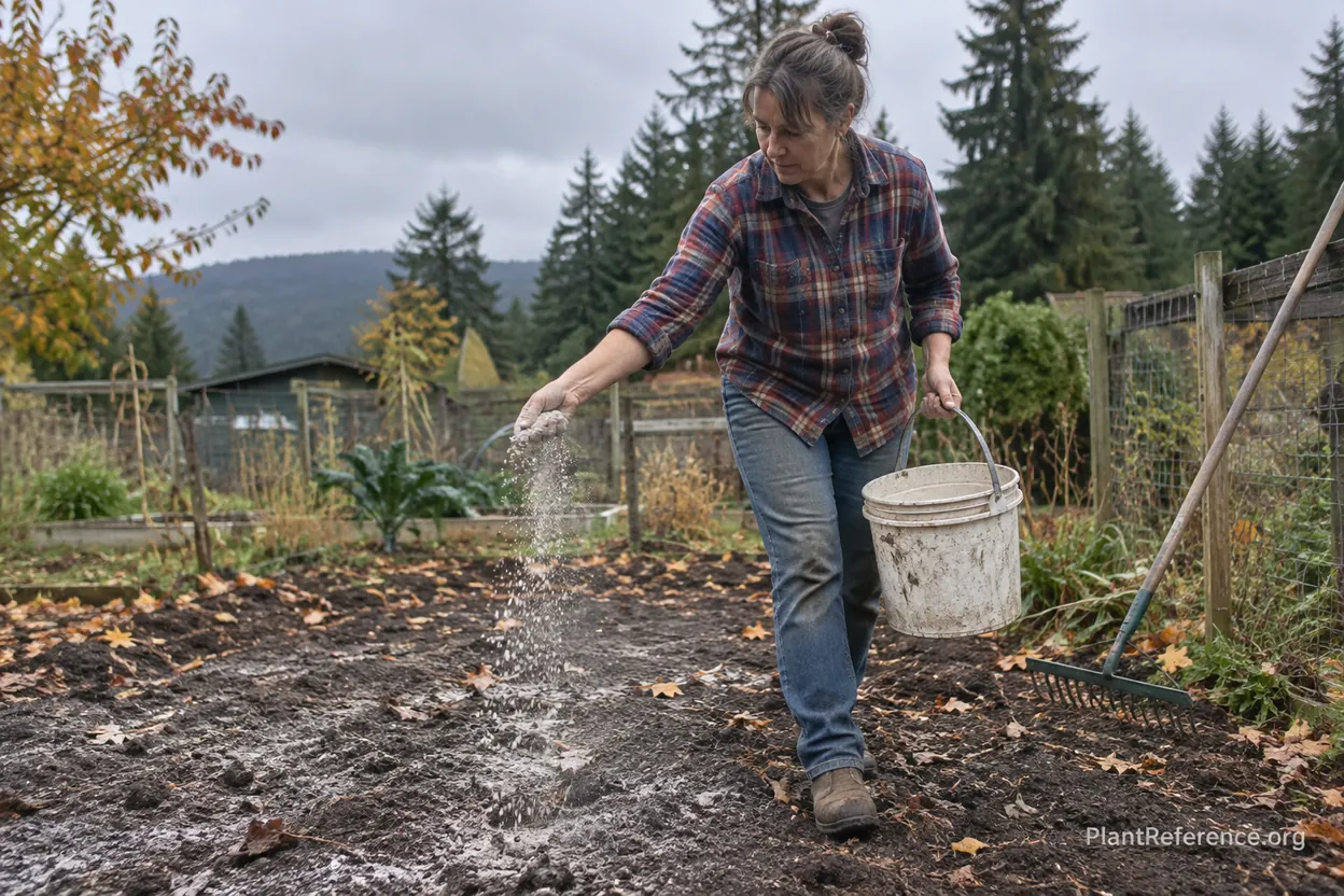 Gardener applying dolomitic lime to a Pacific Northwest garden bed in fall