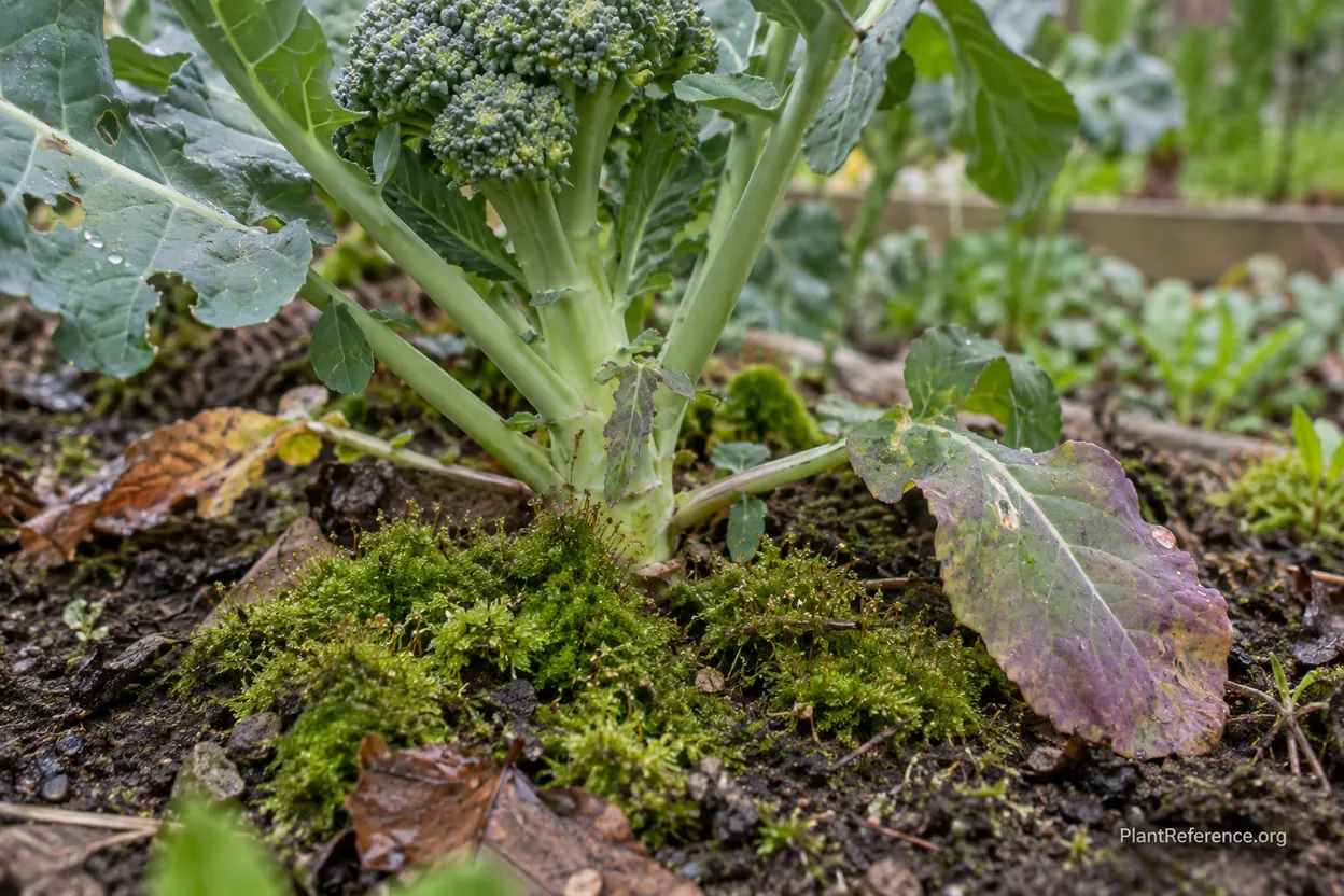 Moss and pale brassica indicating acidic soil in a Pacific Northwest garden