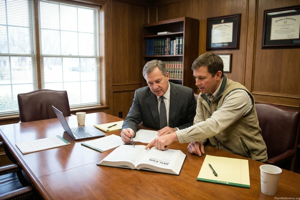 Attorney consulting ANSI A300 tree care standards for professional liability case evaluation
