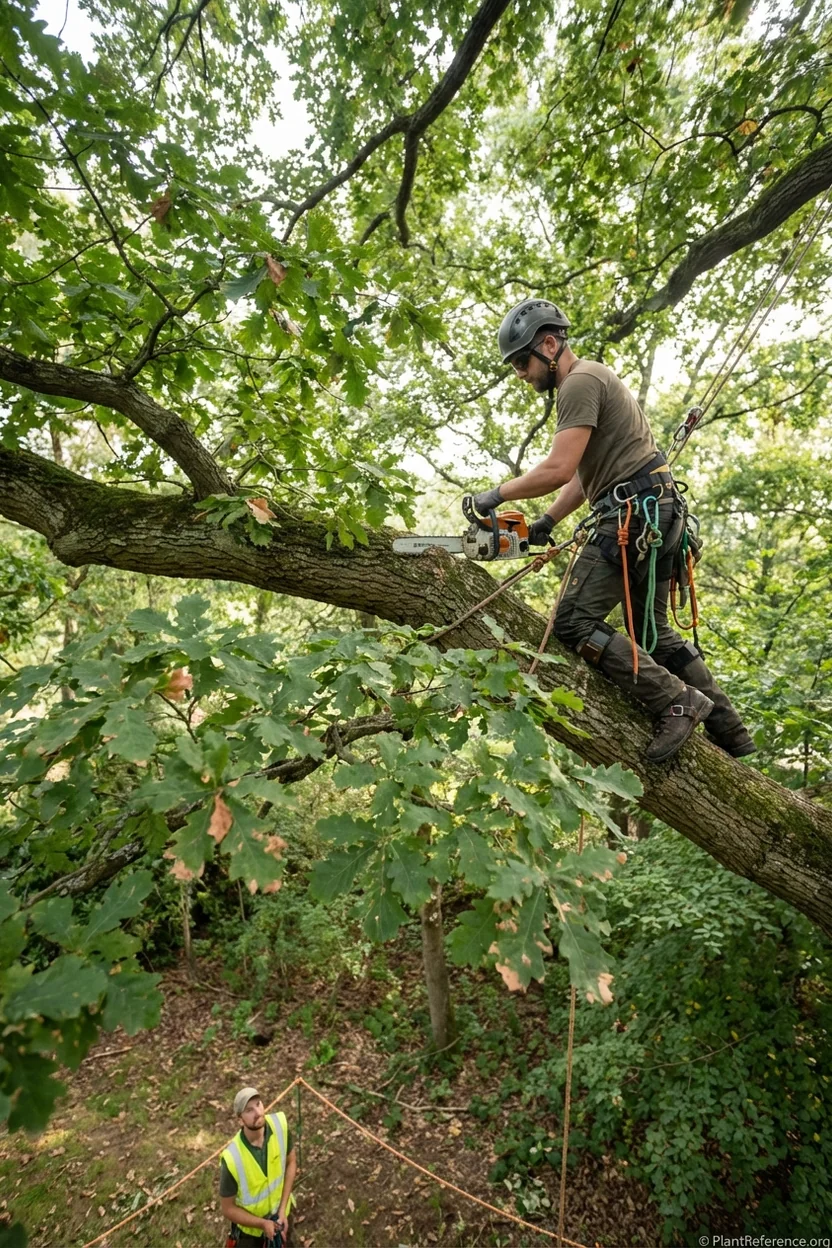 Professional arborist using ANSI A300 three-cut pruning method on oak branch for proper wound closure