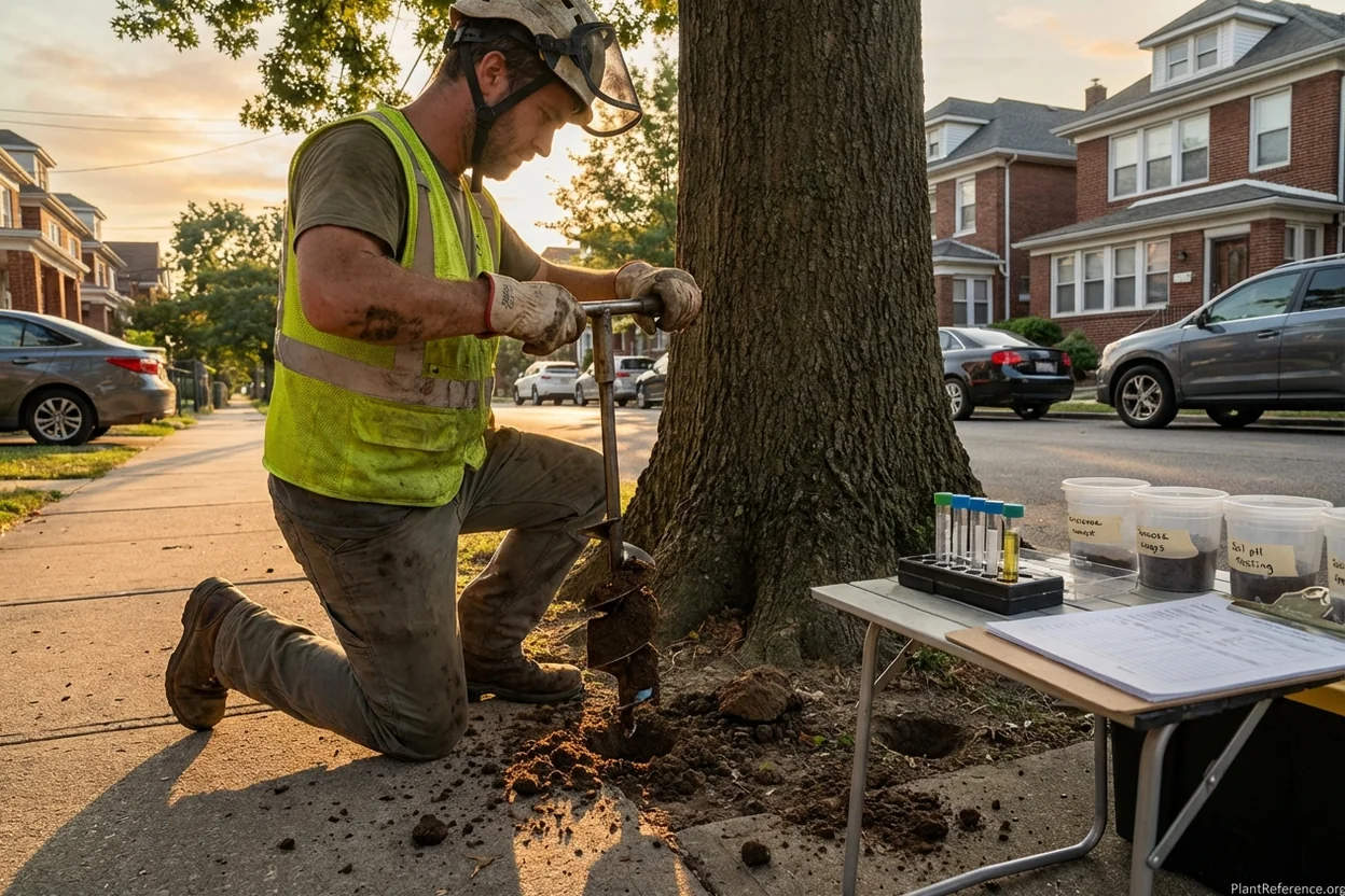 Professional arborist performing ANSI A300 compliant soil testing around mature street tree