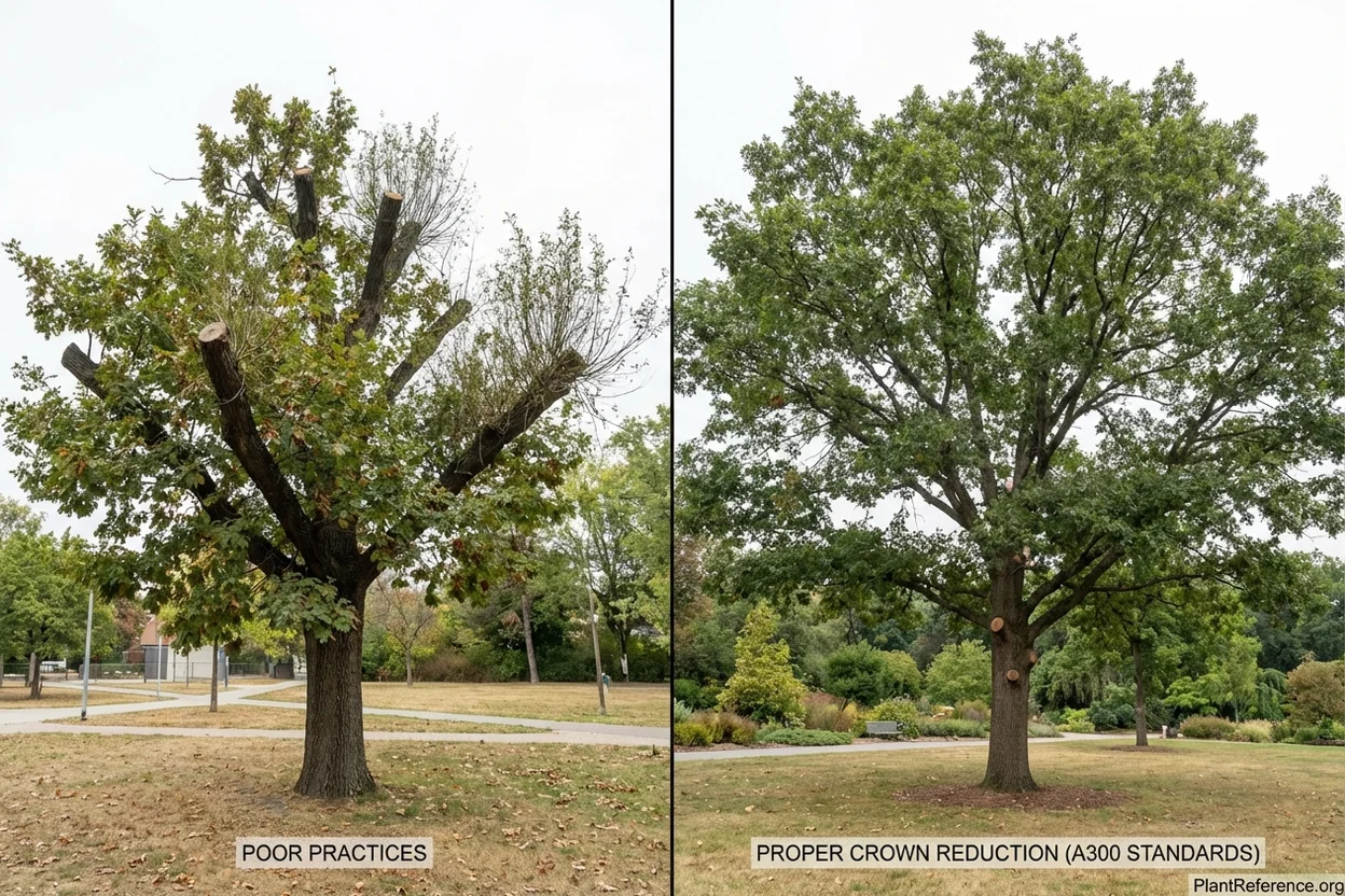 Comparison of harmful tree topping versus ANSI A300 compliant crown reduction pruning methods