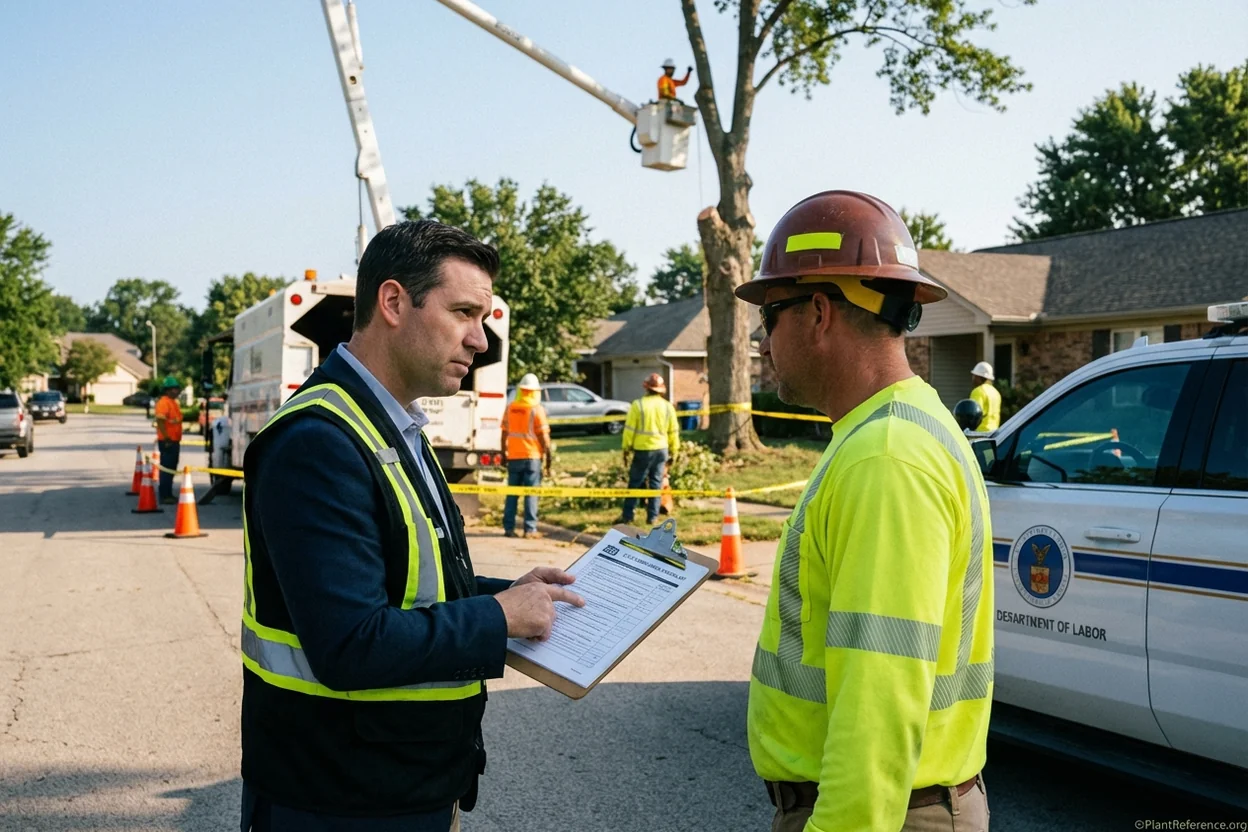 OSHA compliance officer checking ASC Z133-2026 safety documentation at arborist work site