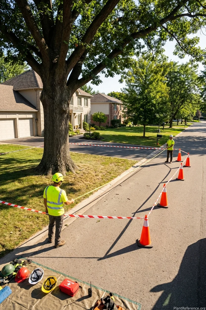 Tree worker establishing Z133-2026 compliant drop zone with measured distances and safety barriers