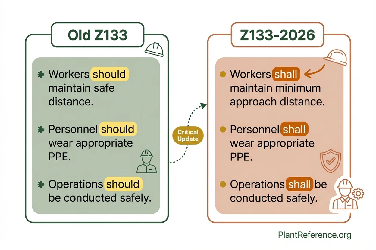 Visual comparison of ASC Z133 old recommendations versus Z133-2026 mandatory requirements