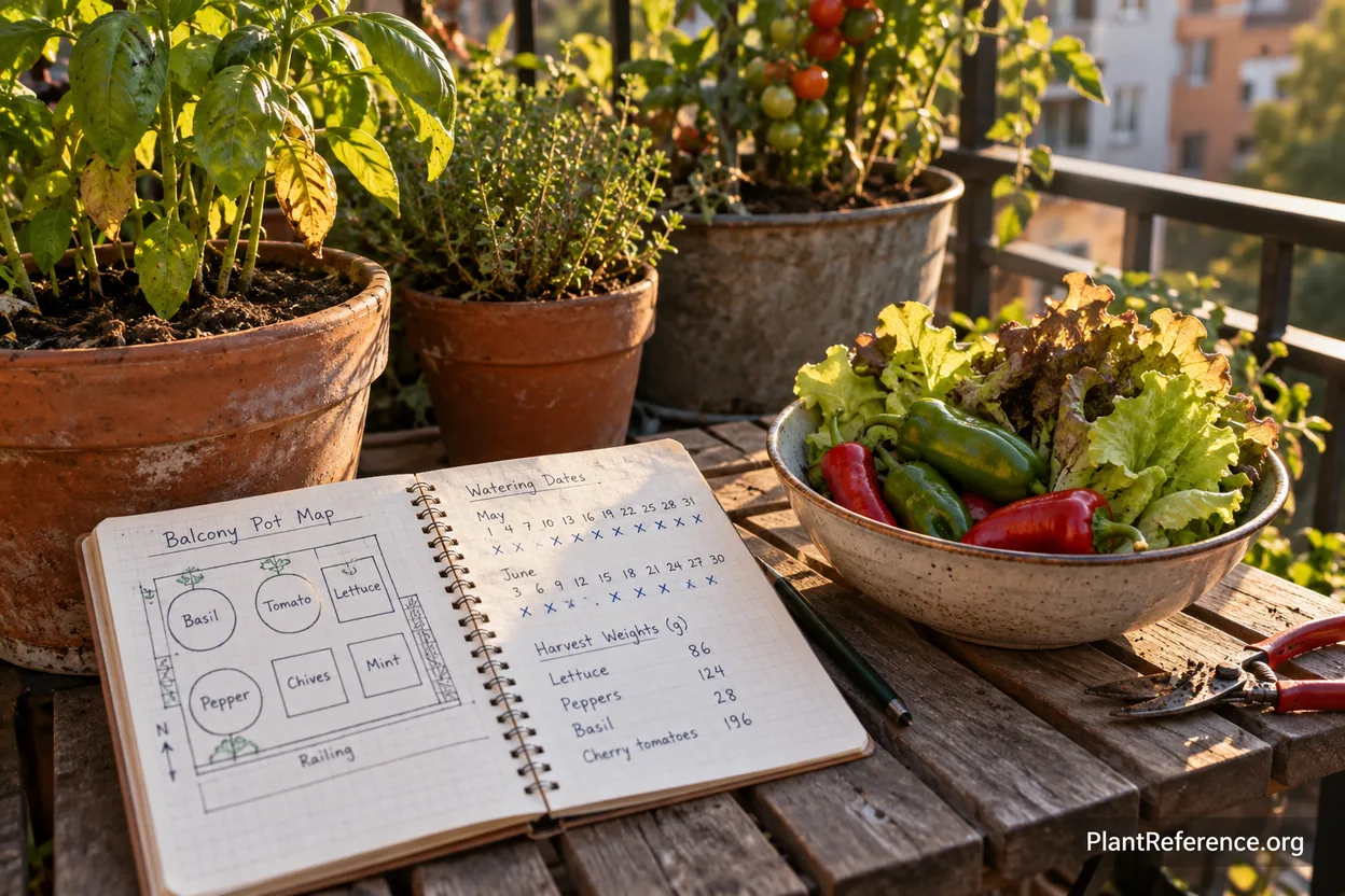 Harvest notes and updated balcony vegetable garden layout
